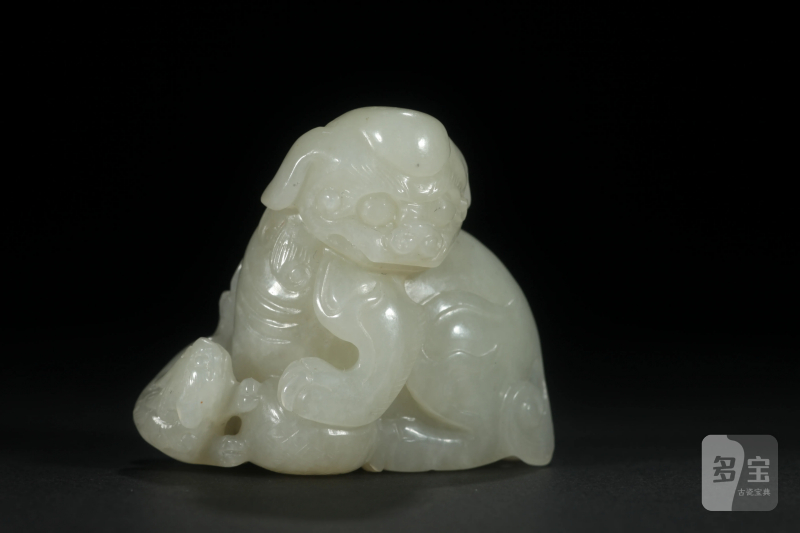 清 白玉太狮少狮摆件